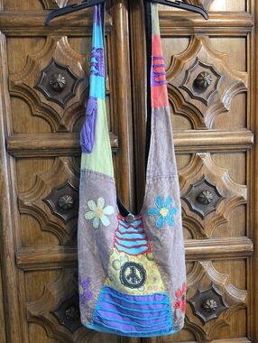 Handcrafted Multicolor Boho Shoulder Bag with Floral Sewn Patches